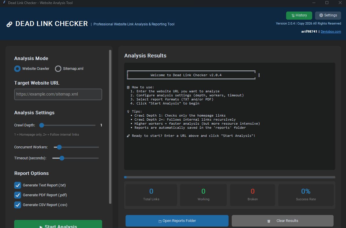 Devtobox Dead Link Checker Dashboard